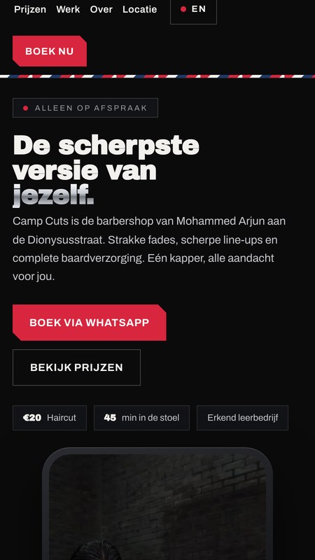 Camp Cuts concept website on a phone