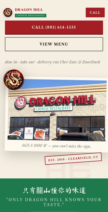 Dragon Hill Chinese Restaurant concept website on a phone