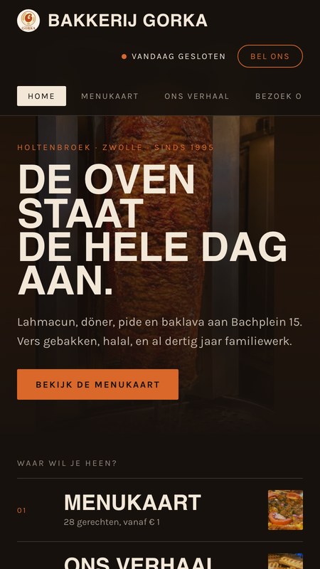 Bakkerij Gorka concept website, oven-black direction, on a phone