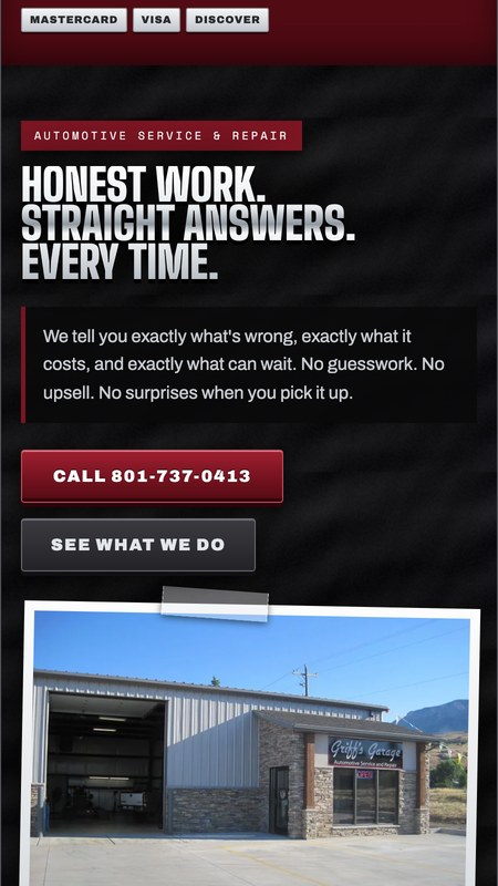 Griff's Garage concept website, bulletin-board direction, on a phone