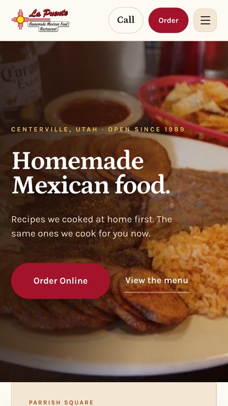 La Puente concept website, warm and modern direction, on a phone