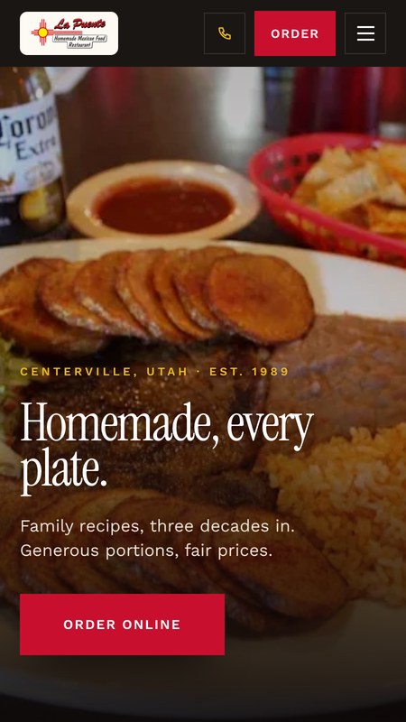 La Puente concept website, bold and appetizing direction, on a phone