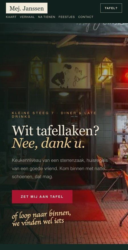 Mej. Janssen concept website, after-ten direction, on a phone
