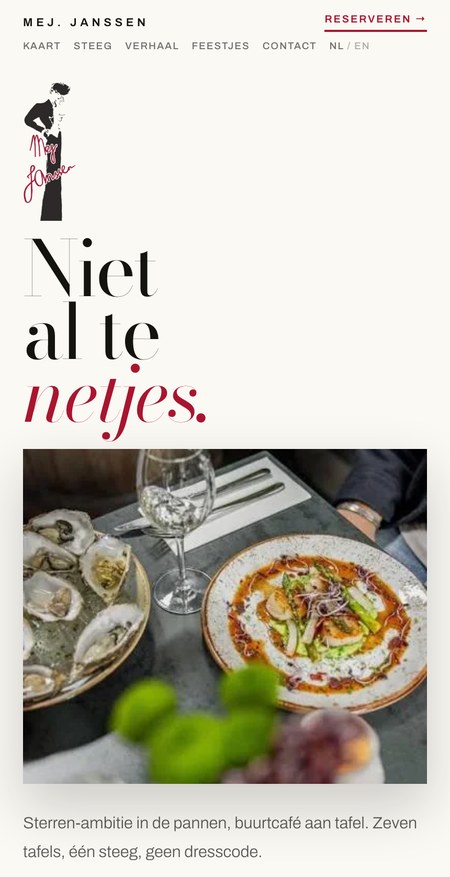 Mej. Janssen concept website, editorial direction, on a phone