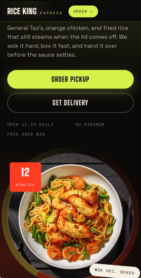 Rice King Express concept website, night-market direction, on a phone