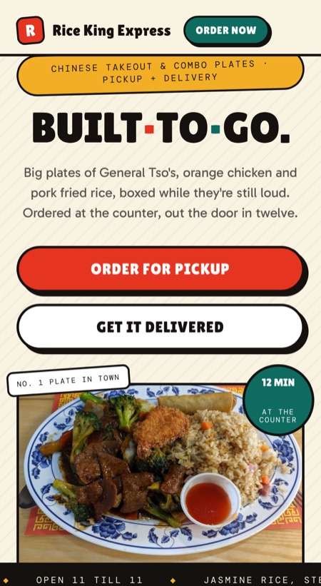 Rice King Express concept website, takeout-poster direction, on a phone