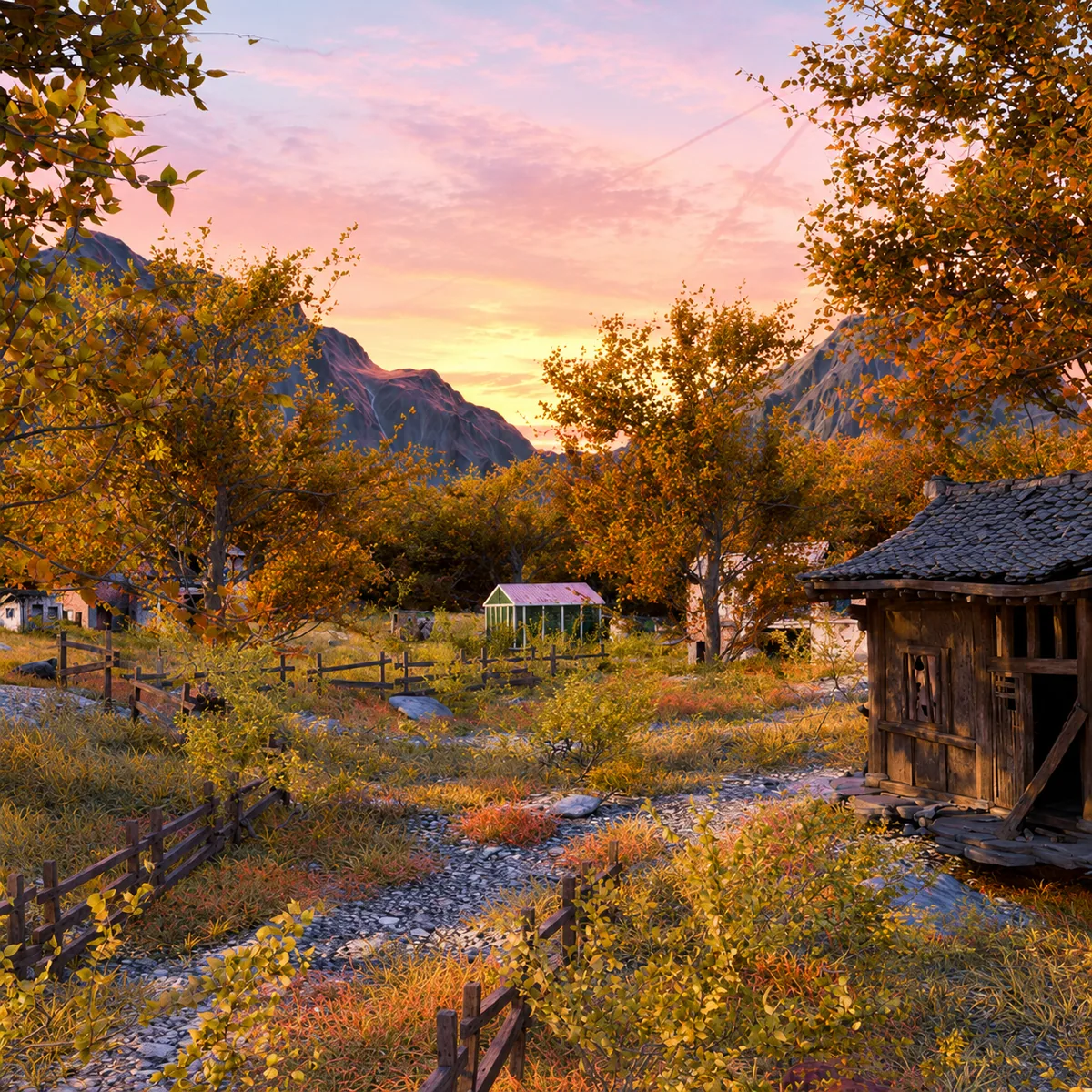 Autumn Valley, final render: a wooden hut on a path through golden trees below mountains at sunset