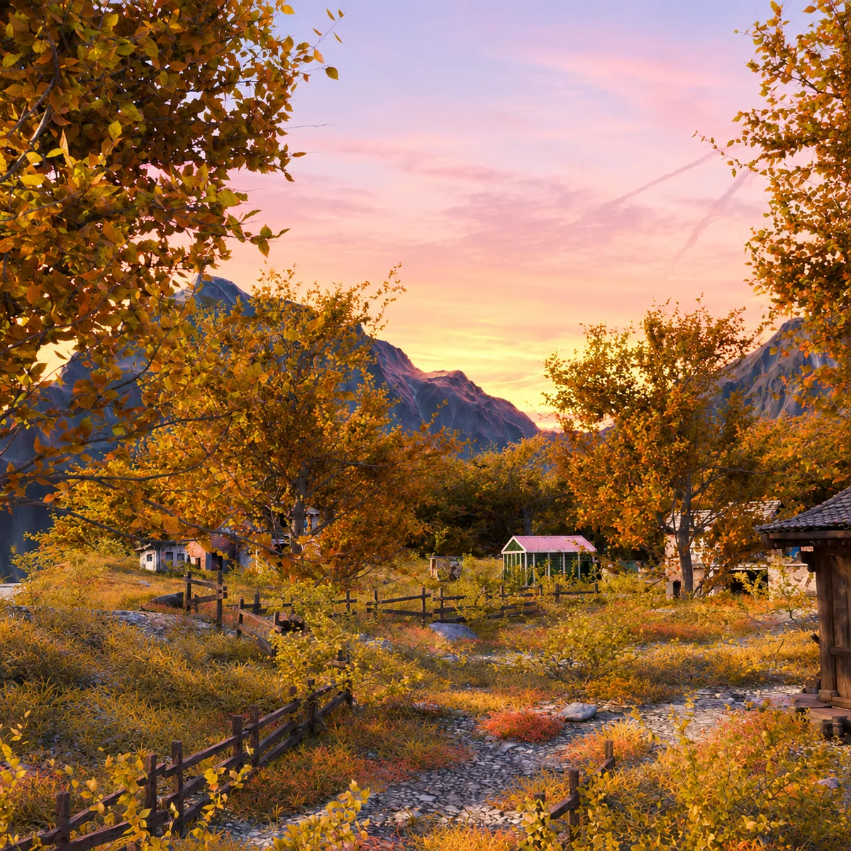 Valley at Dusk, final render: a fenced path winding towards a greenhouse and mountains under a pink sky