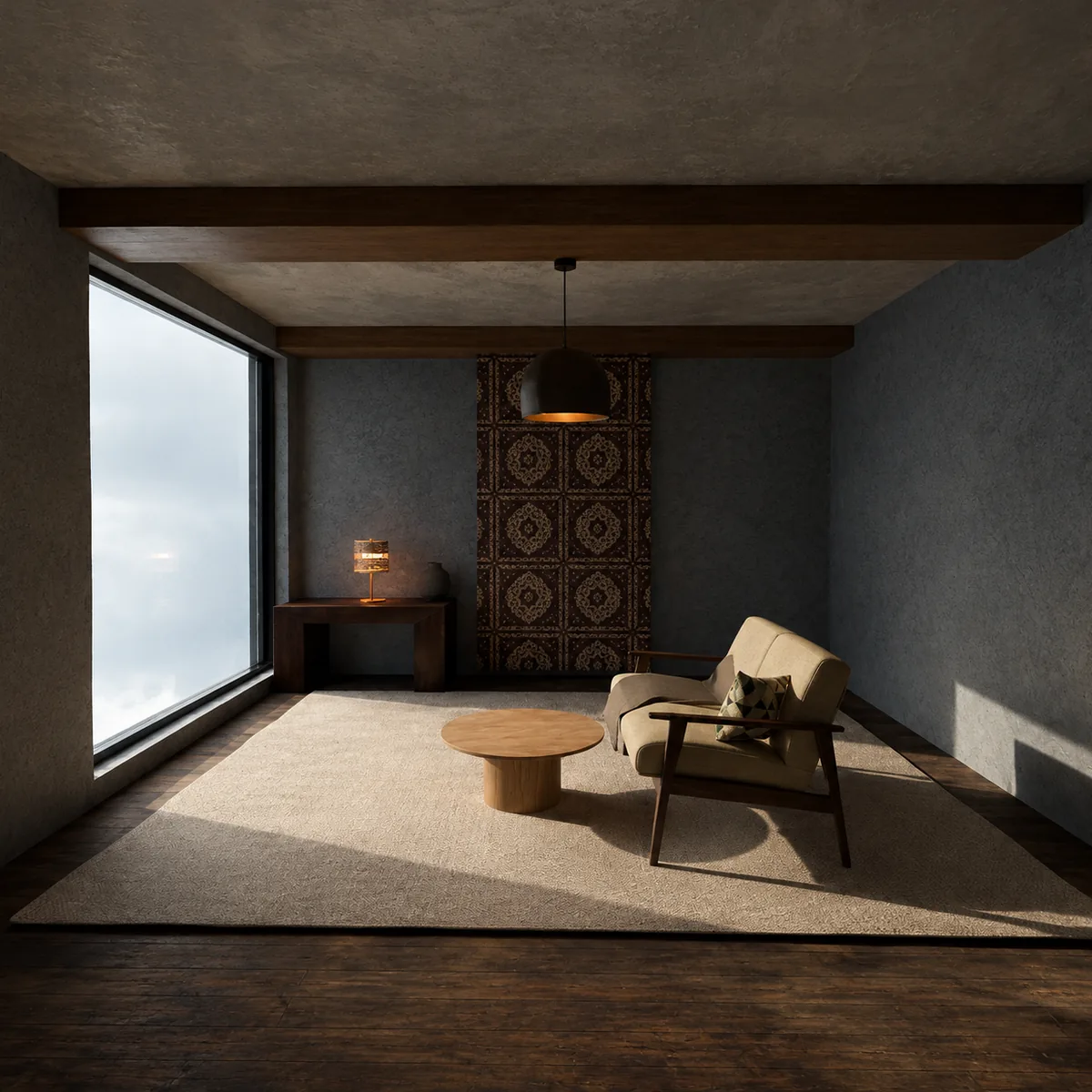 Quiet Room, final render: a concrete room with a tall window, a pendant lamp, a lounge chair and a low round table