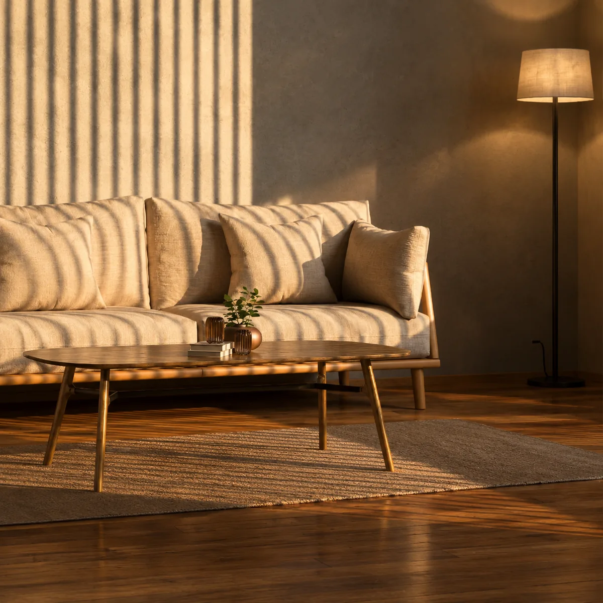 Late Light, final render: a linen sofa and wooden coffee table striped by low sun through blinds, beside a floor lamp