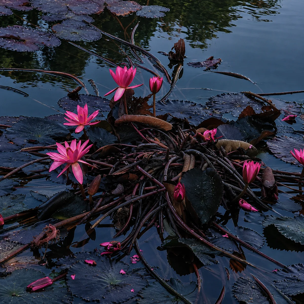 Lily Pond, final render: pink water lilies and a tangle of stems among lily pads on dark, reflective water