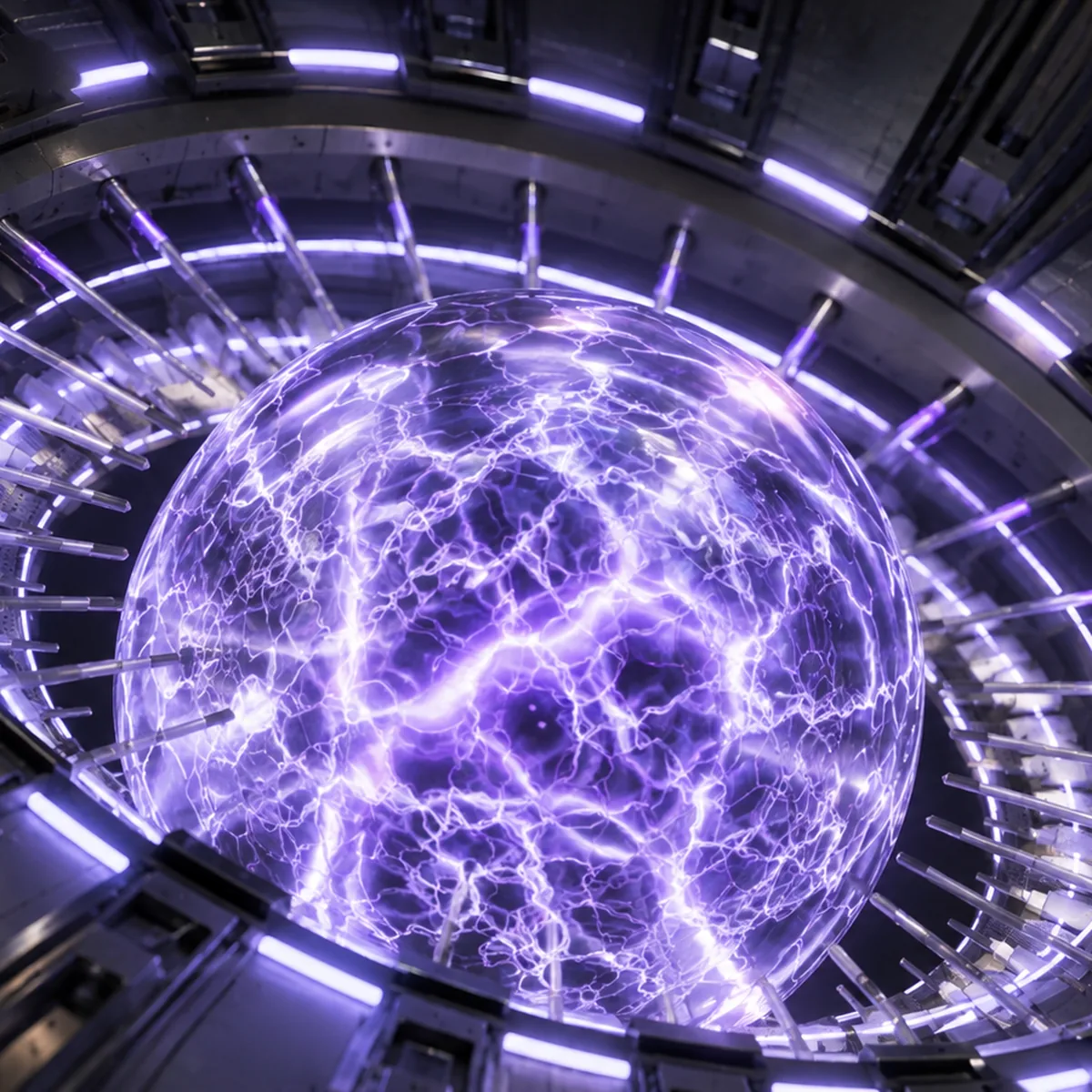 The Core, final render: a glowing violet energy sphere crackling with lightning, held in a ring of steel machinery