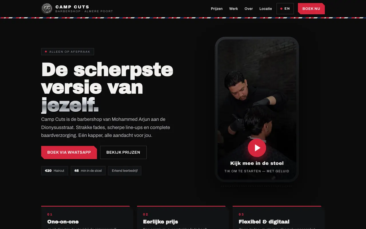 Camp Cuts concept homepage, a barbershop in Almere