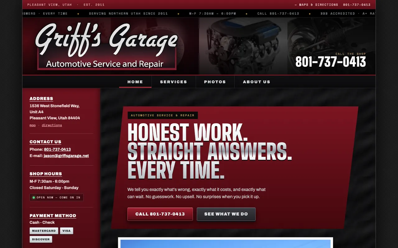 Griff’s Garage concept homepage, an auto repair shop in Pleasant View, Utah