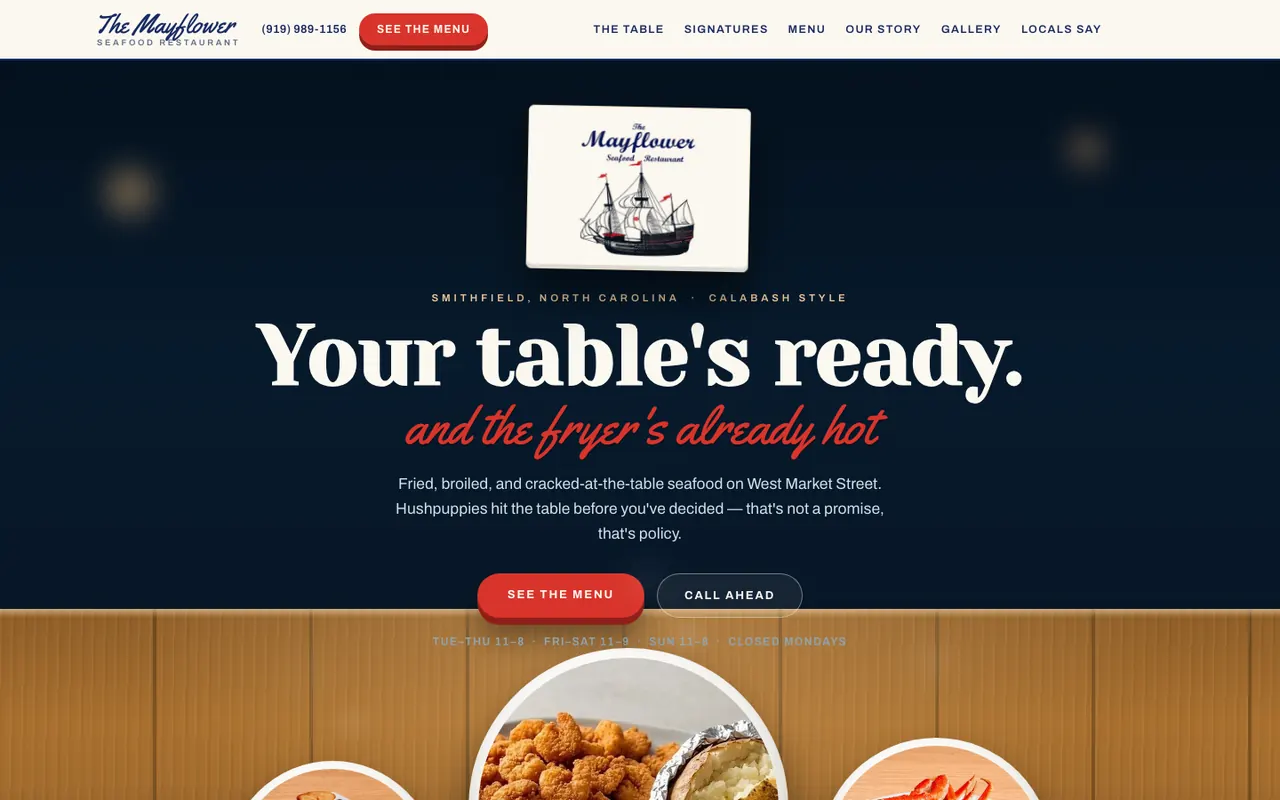 Mayflower Seafood concept homepage, a seafood restaurant in Smithfield, North Carolina