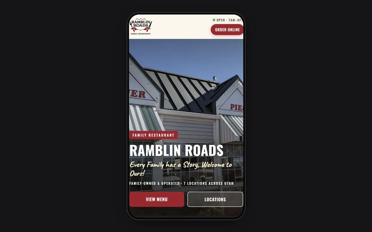 Ramblin’ Roads concept homepage, a family restaurant with seven locations