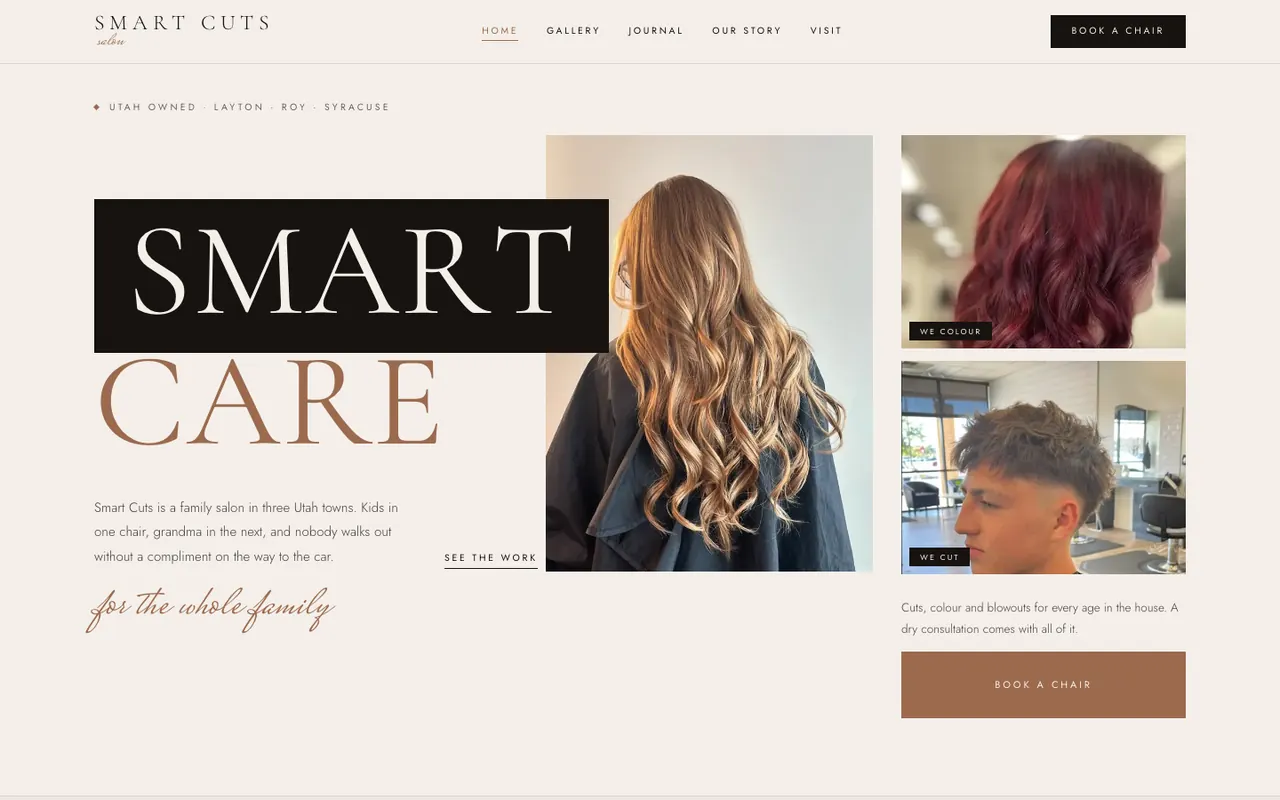 Smart Cuts concept homepage, a family hair salon