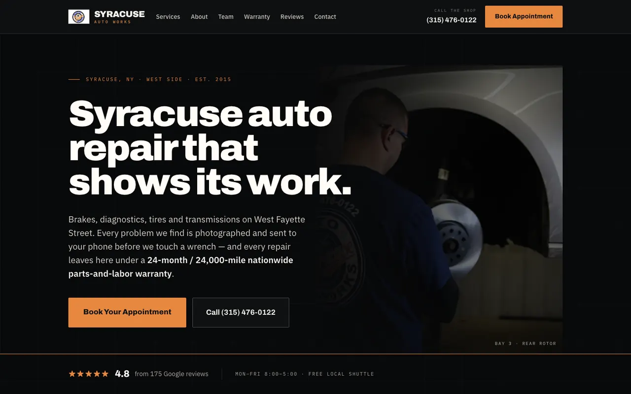 Syracuse Auto Works concept homepage, an auto repair shop in Syracuse, New York