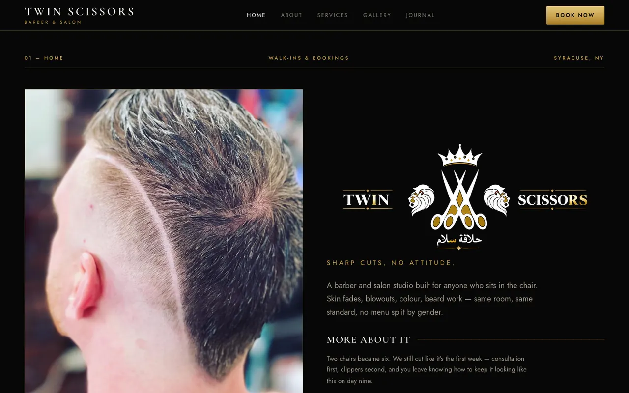 Twin Scissors concept homepage, a barber and salon
